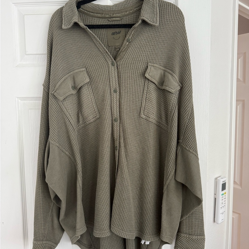 Aerie Khaki Waffle Knit Cardigan